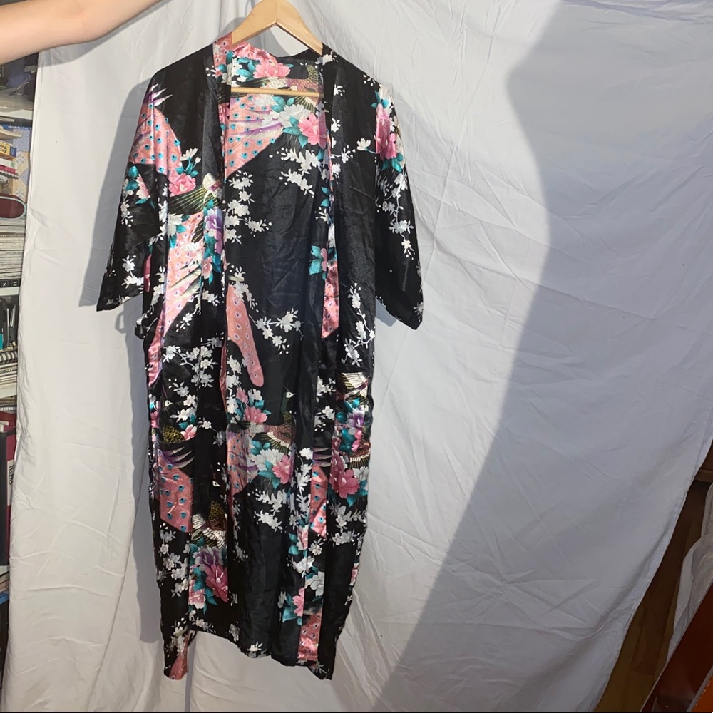 Oriental style night gown sleeping black pink slip